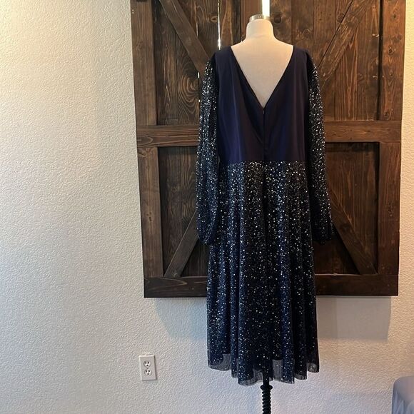 Plus Size Mesh Cocktail Party Dress V Neck Long Sleeve Sheer Formal Midi Dress - Picture 8 of 14